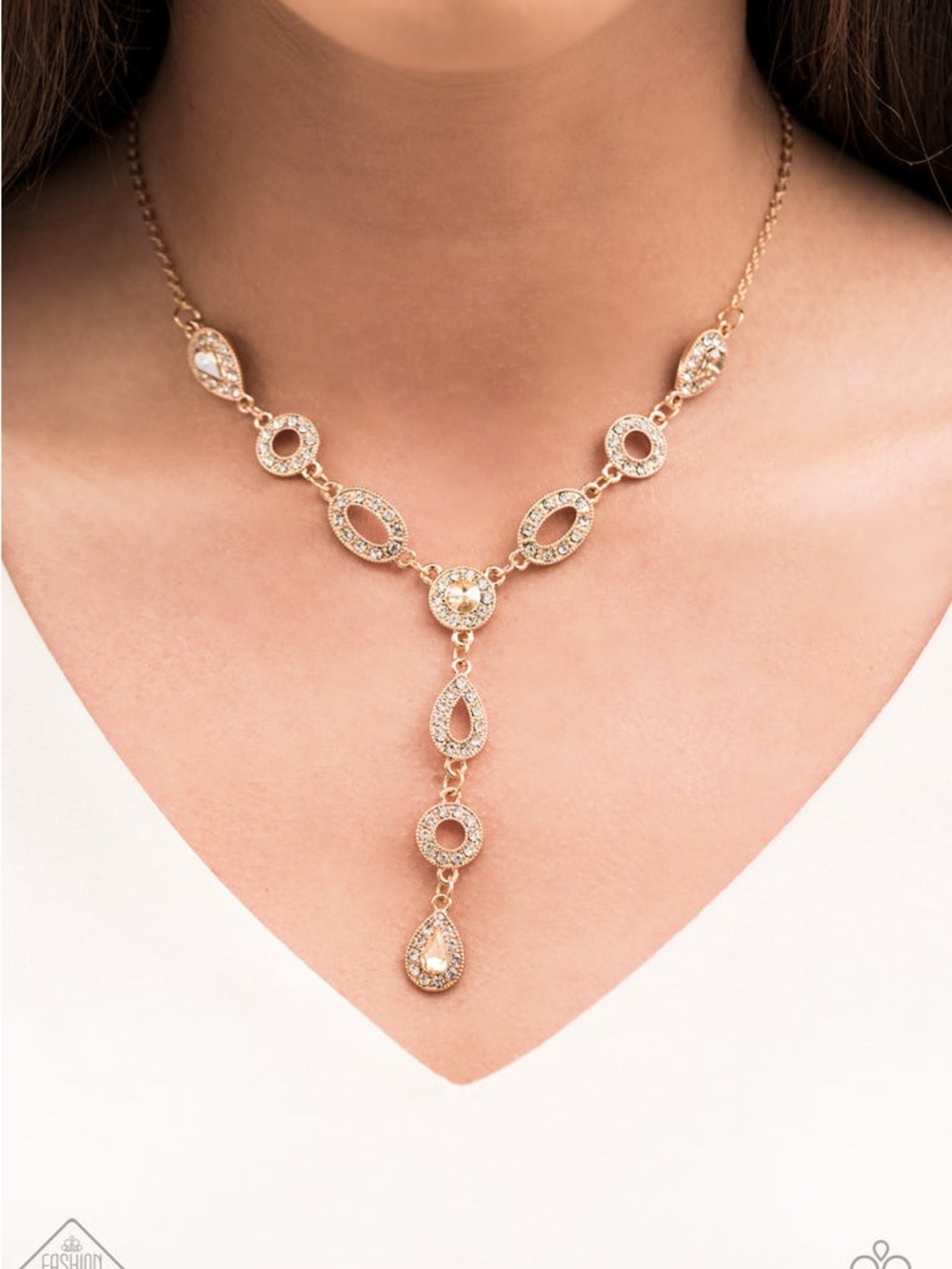 Sparkling Crystal Y Necklace - Gold Tone